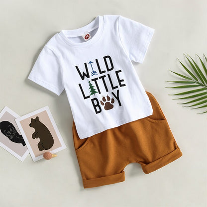Toddler Boys Letter Print T-shirt Solid Drawstring Shorts Sets childrensterritory
