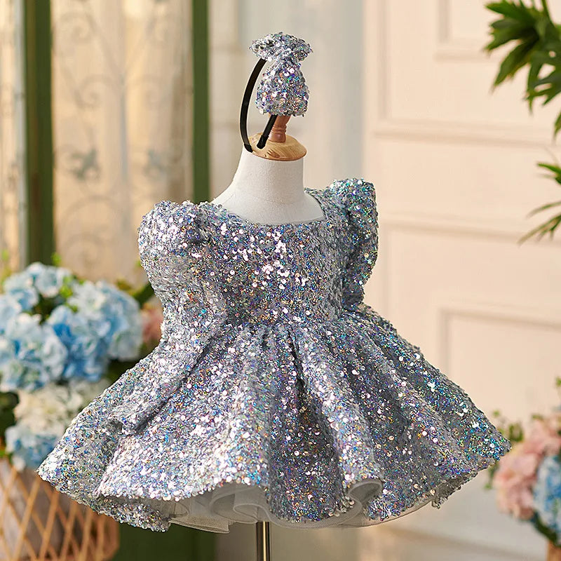 Sparkling Silver Knee Length Girl Dress with Long Sleeve J309, Silver / 3(100cm)