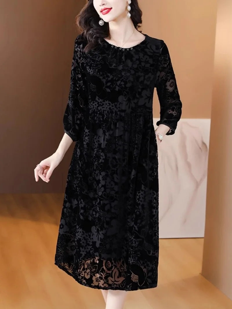 A-Line Velvet Embossed Dresses for Preschool Girls