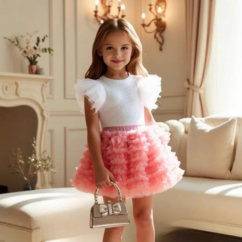 Kids Girls Flying Sleeve Top+gauze Skirt 2pcs Summer Set