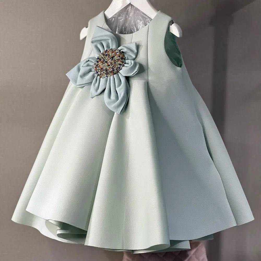 Girls' Stylish A-Line Puffy Satin Dress with Flower Pattern