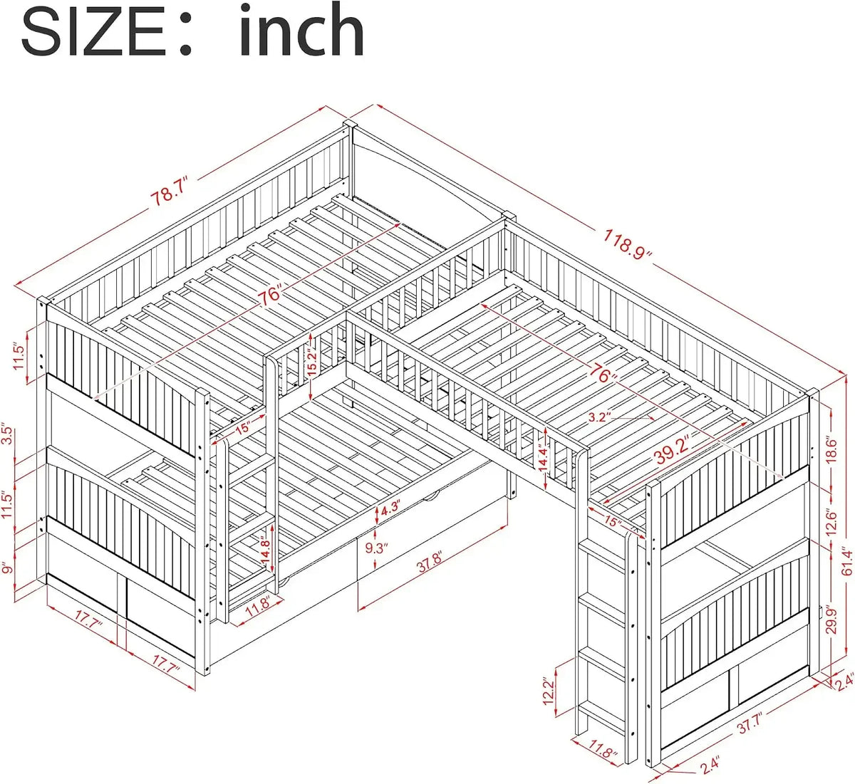 L-shaped Wooden Triple Bunk Bed With a Ladder and Storage Cabinet
