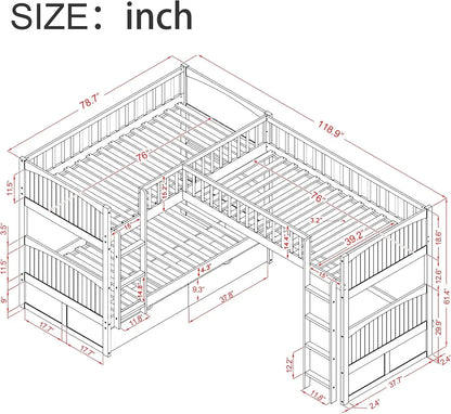 L-shaped Wooden Triple Bunk Bed With a Ladder and Storage Cabinet