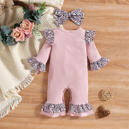 Baby Girls Letter and Leopard Print Jumpsuit &amp; Headband Set childrensterritory