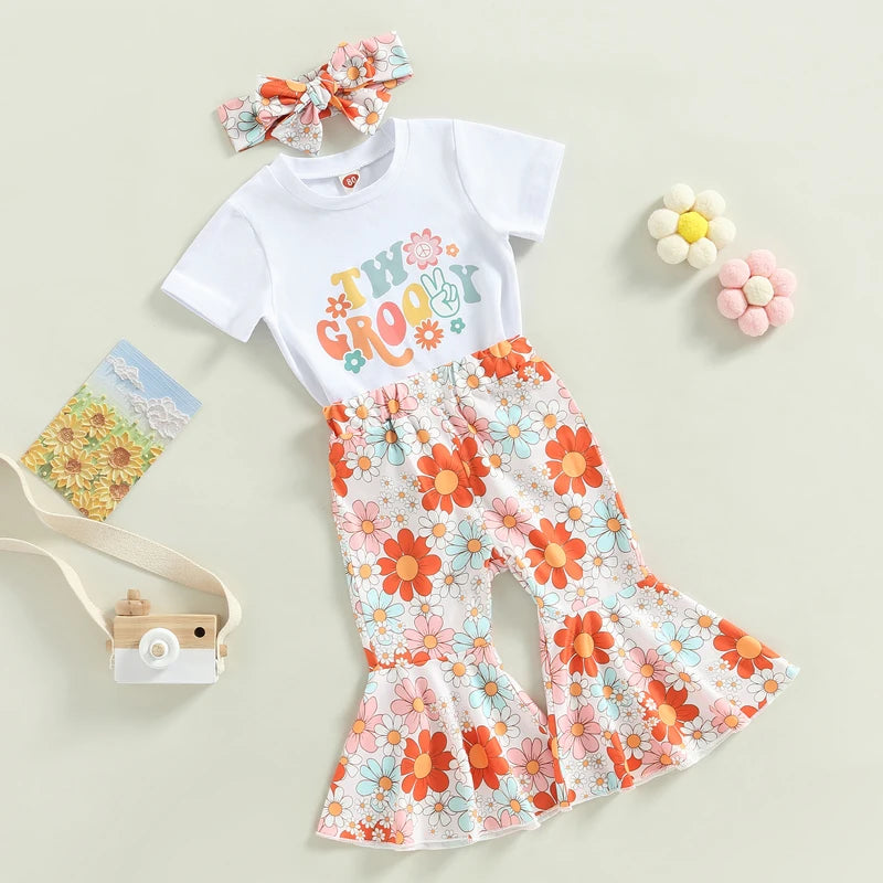 3pcs Printed Romper with Flare Pants Set for Baby Girls