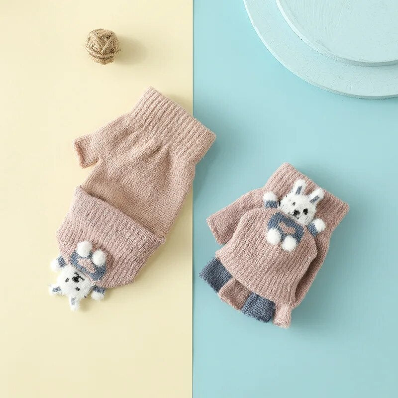 Cartoon Bunny Warm Half Finger Flip Gloves for Kids childrensterritory