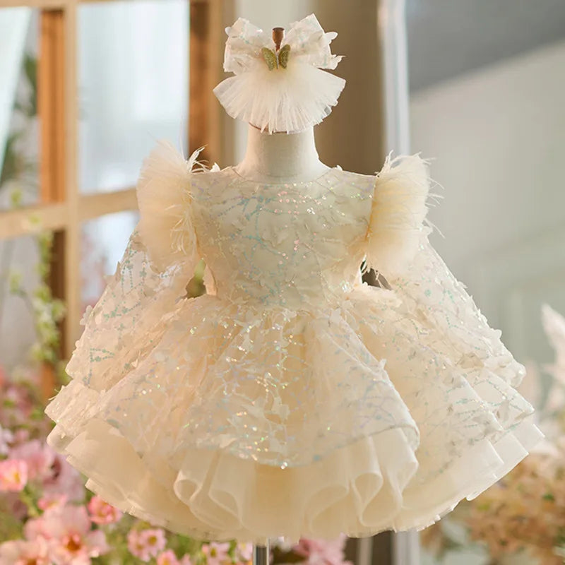 Girls Long Sleeves Butterfly Design Fluffy Party Dresses childrensterritory