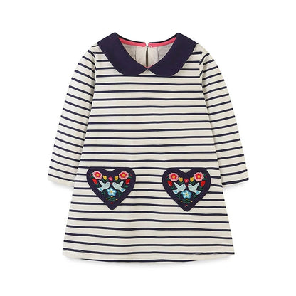 Heart and Birds Embroidery Girls Long Sleeves Dress childrensterritory