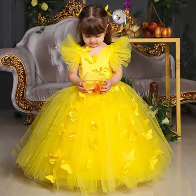 3D Butterflies Design 5 Layers Tulle Princess Flower Girl Dress childrensterritory
