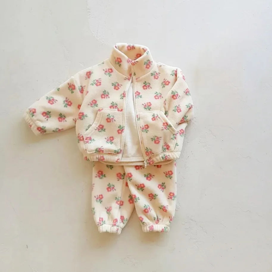 Turtleneck 2pcs Floral Print Thick Warm Baby Clothing Set childrensterritory