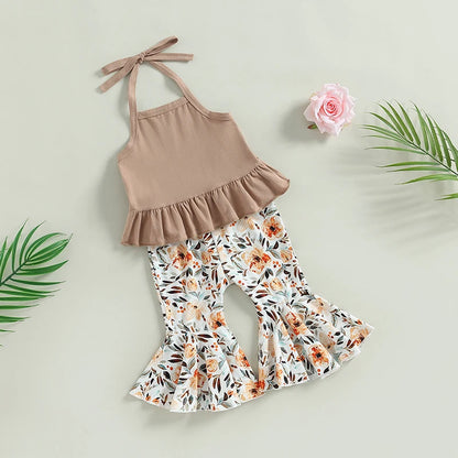 Toddler Girl Top with Printed Flare Pant Outfit