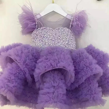 Pink Pearls Beaded Puffy Birthday Party Dress for Little Girls