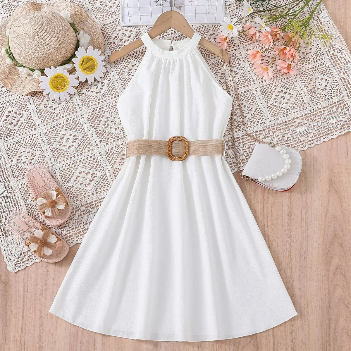 Kids Girls Off Shoulder Formal Summer Party Dresses With Belt