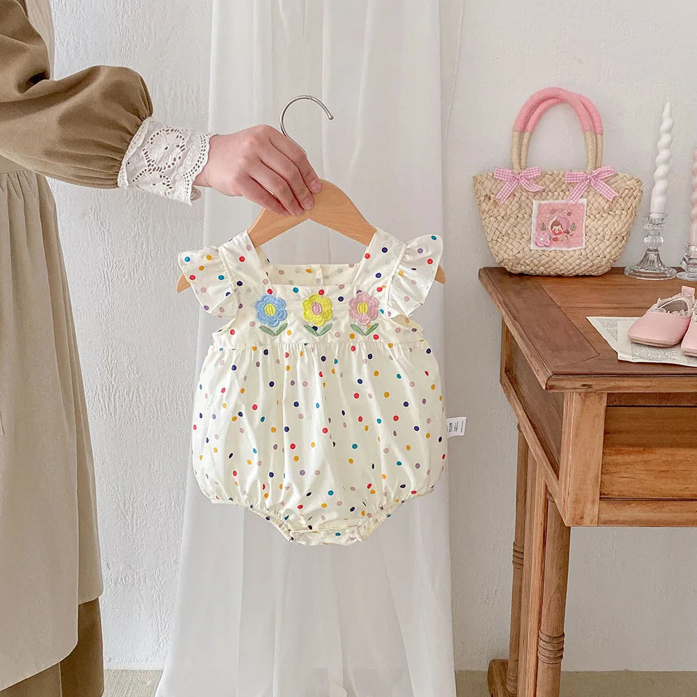 Baby Girl Colorful Dot Print Embroidered Summer Romper