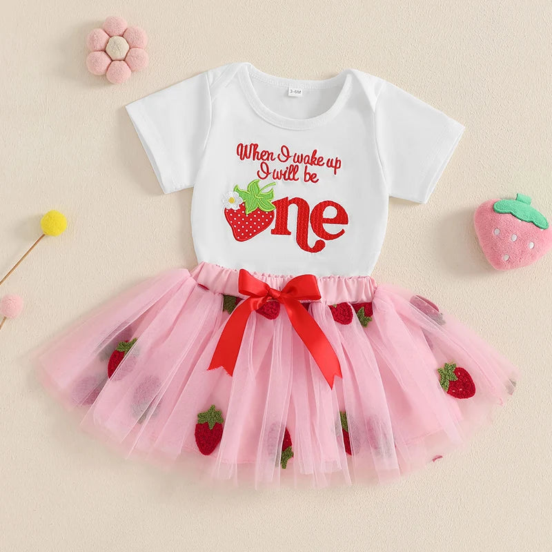 Baby Girl Strawberry Print Romper and Tulle Skirt 2 Pcs Set