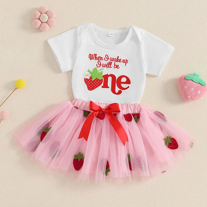 Baby Girl Strawberry Print Romper and Tulle Skirt 2 Pcs Set