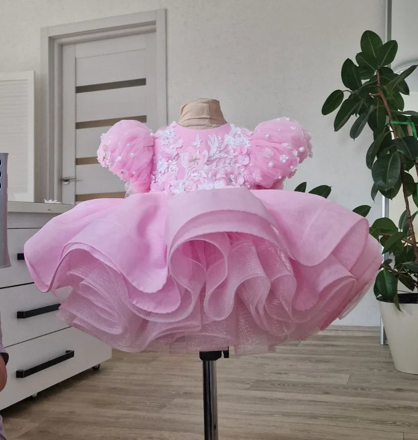 Little Girls Fluffy Tulle First Birthday Dress with Bow