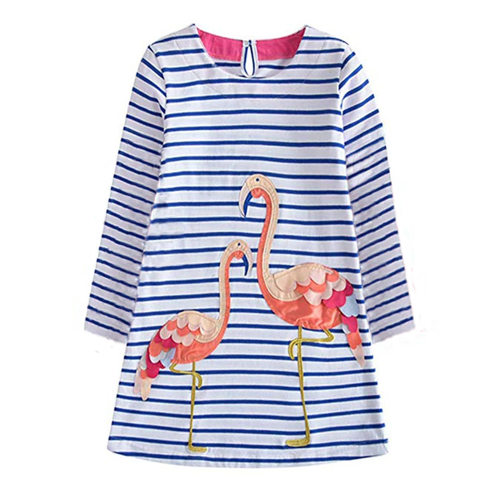 Flamingo Cartoon Design Striped Straight Dress for Girls childrensterritory
