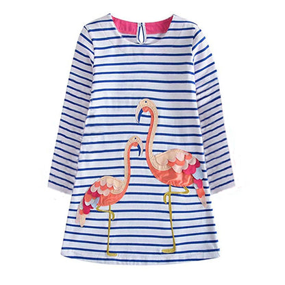 Flamingo Cartoon Design Striped Straight Dress for Girls childrensterritory