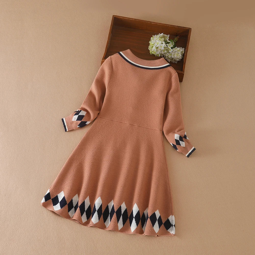 Girls' Long-Sleeved Collar Design Warm Dresses