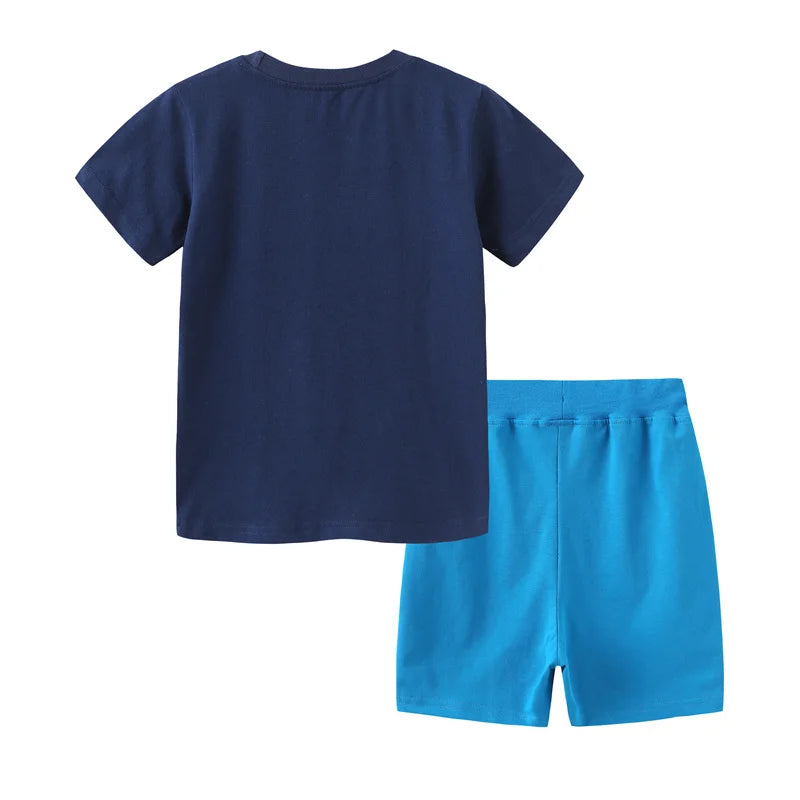 Kids Boat Embroidery Cotton Tees + Shorts Sets for Summer childrensterritory