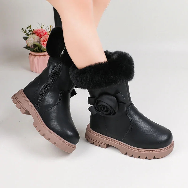 Princess Girls Zipper Flower Design Warm Fur Boots childrensterritory