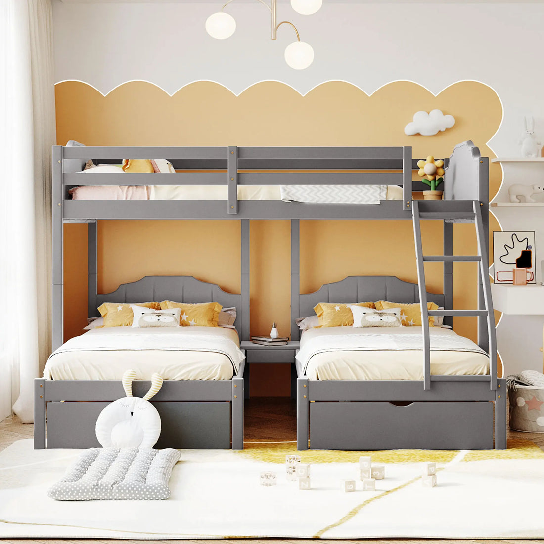 Full Over Triple Bunk Bed with Drawers and Guardrails
