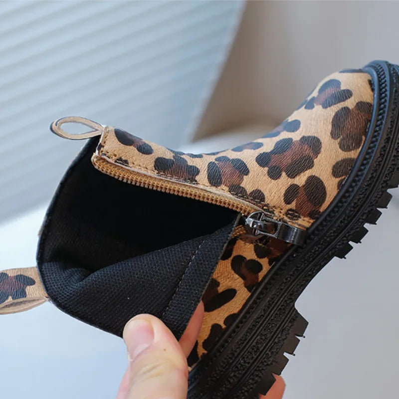 Leopard Print Anti Slip Children PU Zip Ankle Shoes childrensterritory