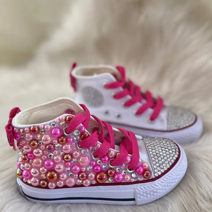 Kids Girls Pink Sparkle Gold Rhinestones Canvas Sneakers