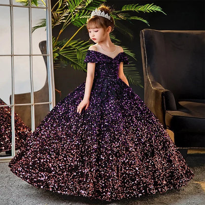 Little Girl Deep Purple Sequin Luxury Gowns/Party Dresses