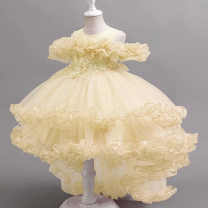 Kids Girls Soft Gauze Solid Color Party Desses with Trailing childrensterritory