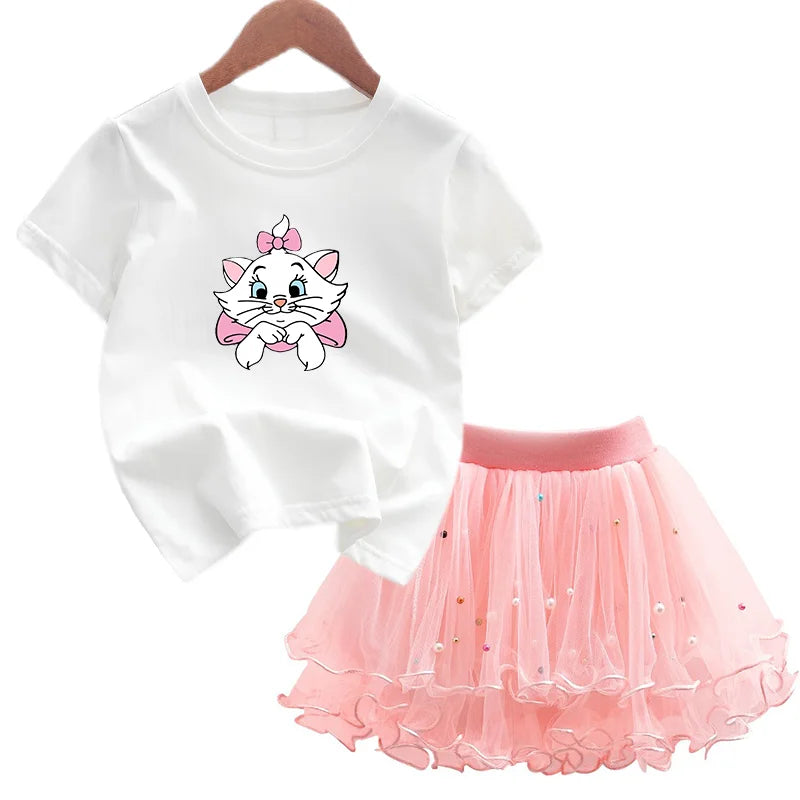 Kids Girls Marie Cat Design Summer T-shirt &amp; Tutu Skirt Set childrensterritory
