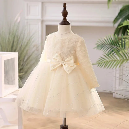 Toddler Girl Elegant Lace Bow Design Baptism Dress