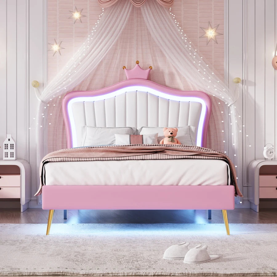 Crown Headboard Modern Upholstered Twin Size LED Princess Bed childrensterritory