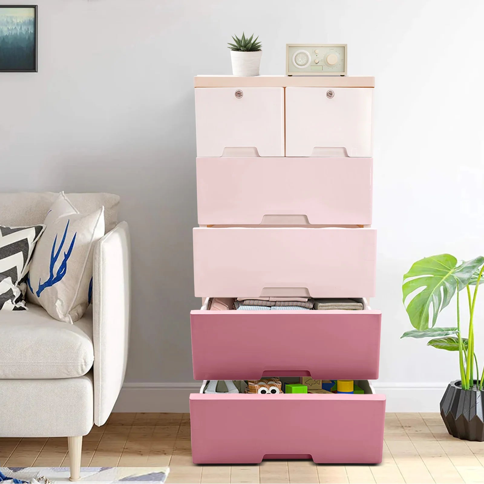 Modern Gradient Pink Design Plastic Storage Cabinet W/ 6 Drawers childrensterritory