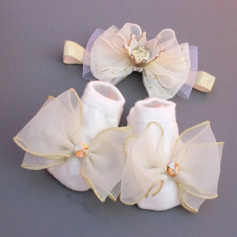 Lace Bows Design 2 Pcs/Set Crown Baby Headband Socks Set childrensterritory
