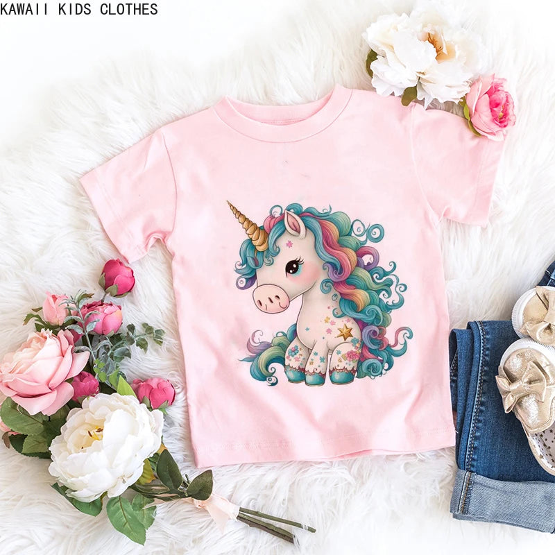 Unicorn Floral Cartoon Printed Girls Summer Tees childrensterritory