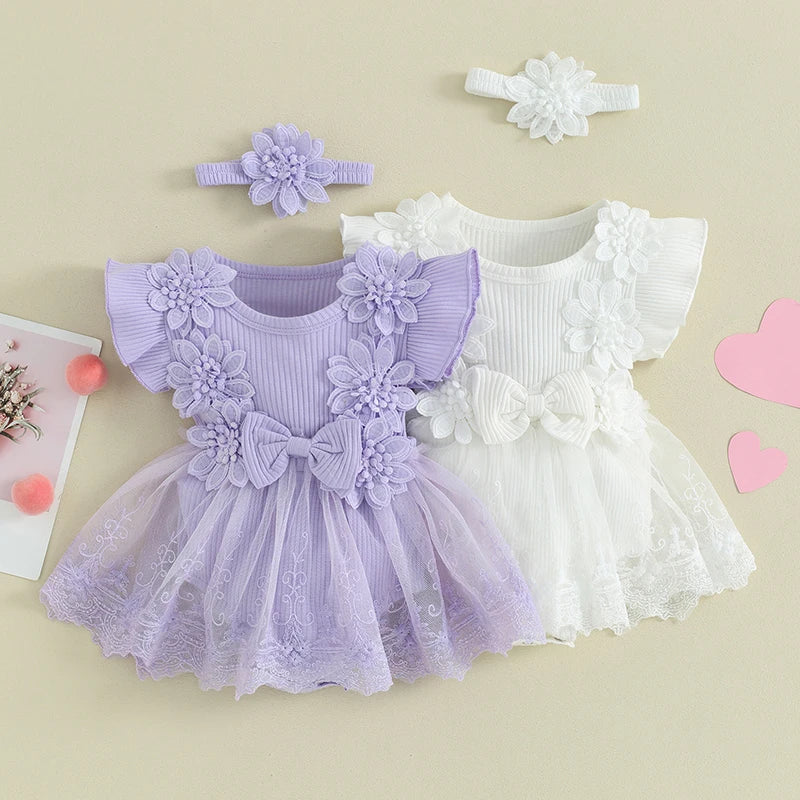 Newborn Girls Patchwork Ruffle Rompers Dress with Headband