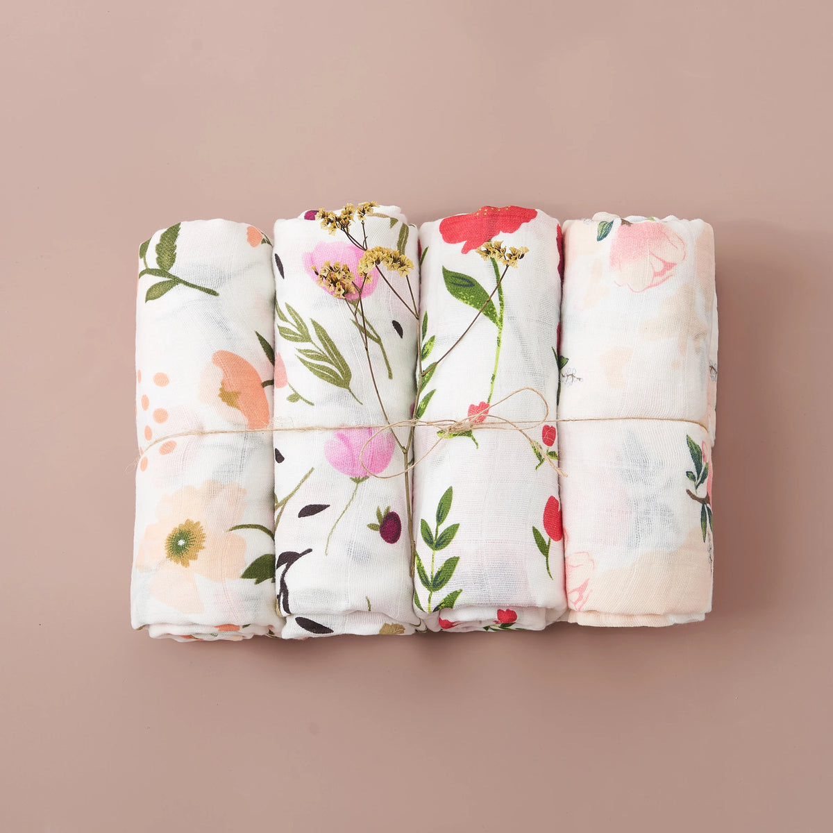 Print Bamboo Cotton Muslin Baby Swaddle, 4PCS Gift Set