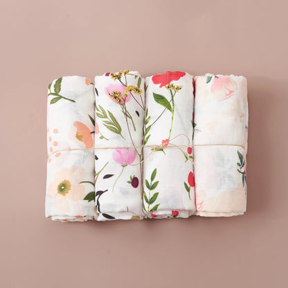 Print Bamboo Cotton Muslin Baby Swaddle, 4PCS Gift Set