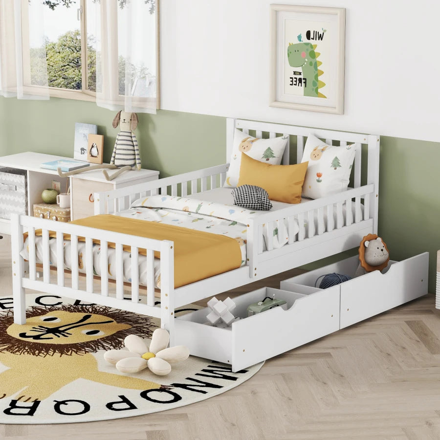 Space-saving Twin Size Wood Platform Bed with Guardrails childrensterritory