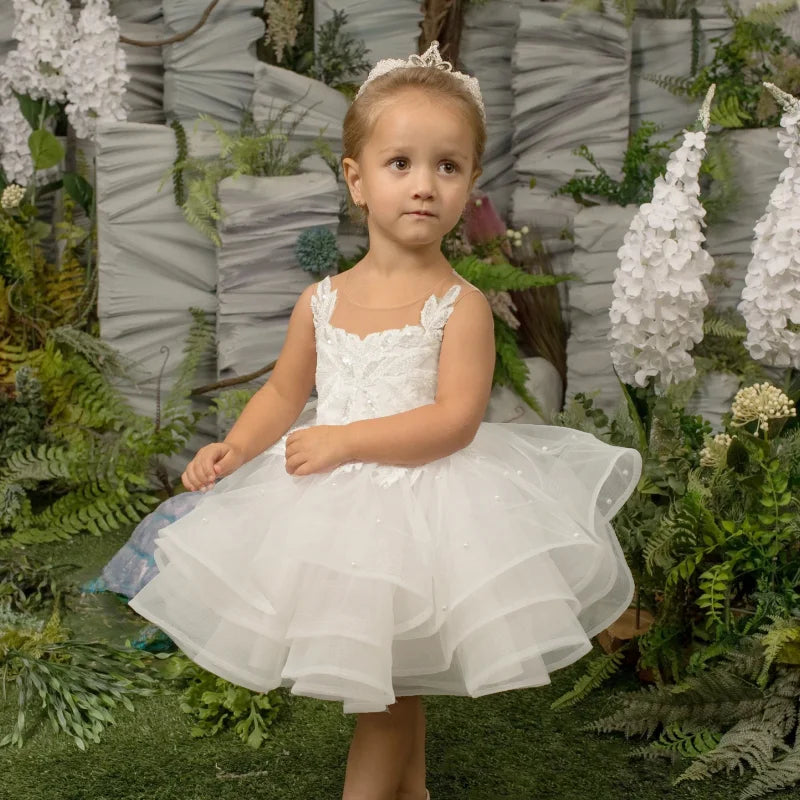 Glitter Decoration Sheer Neck Design Ivory Puffy Little Girls Dresses