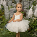 Glitter Decoration Sheer Neck Design Ivory Puffy Little Girls Dresses
