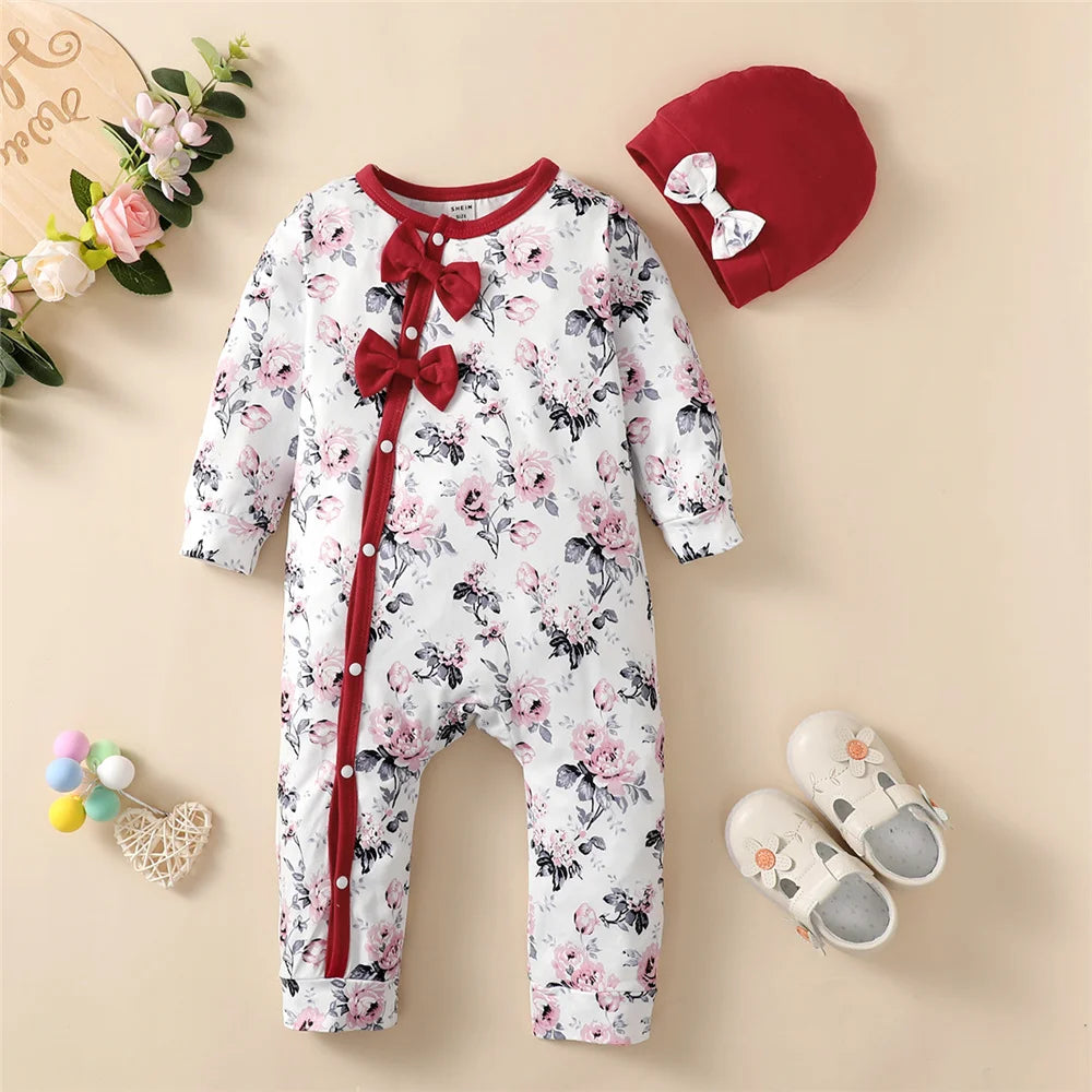 Baby Girl Long Sleeve Flower Bodysuit with Hat