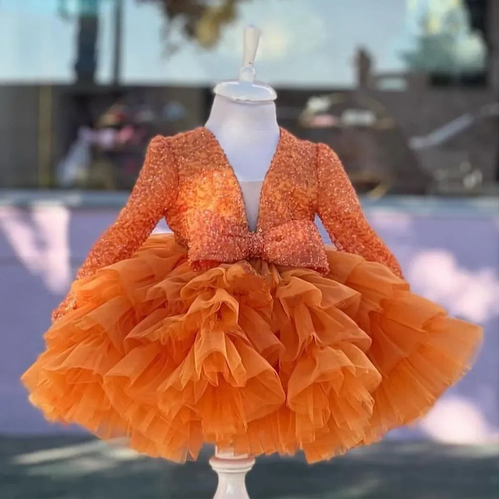 Glitter Sequined Tutu Full Sleeve Tiered Beading Girls Birthday Gowns