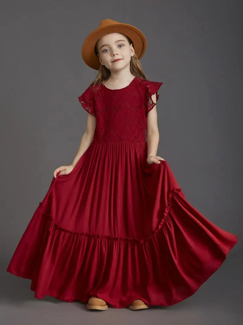 Lace Design Kids Girls Long Cotton Dresses for Summer childrensterritory