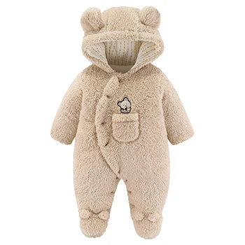 Baby Cartoon Pattern Hooded Fleece Rompers