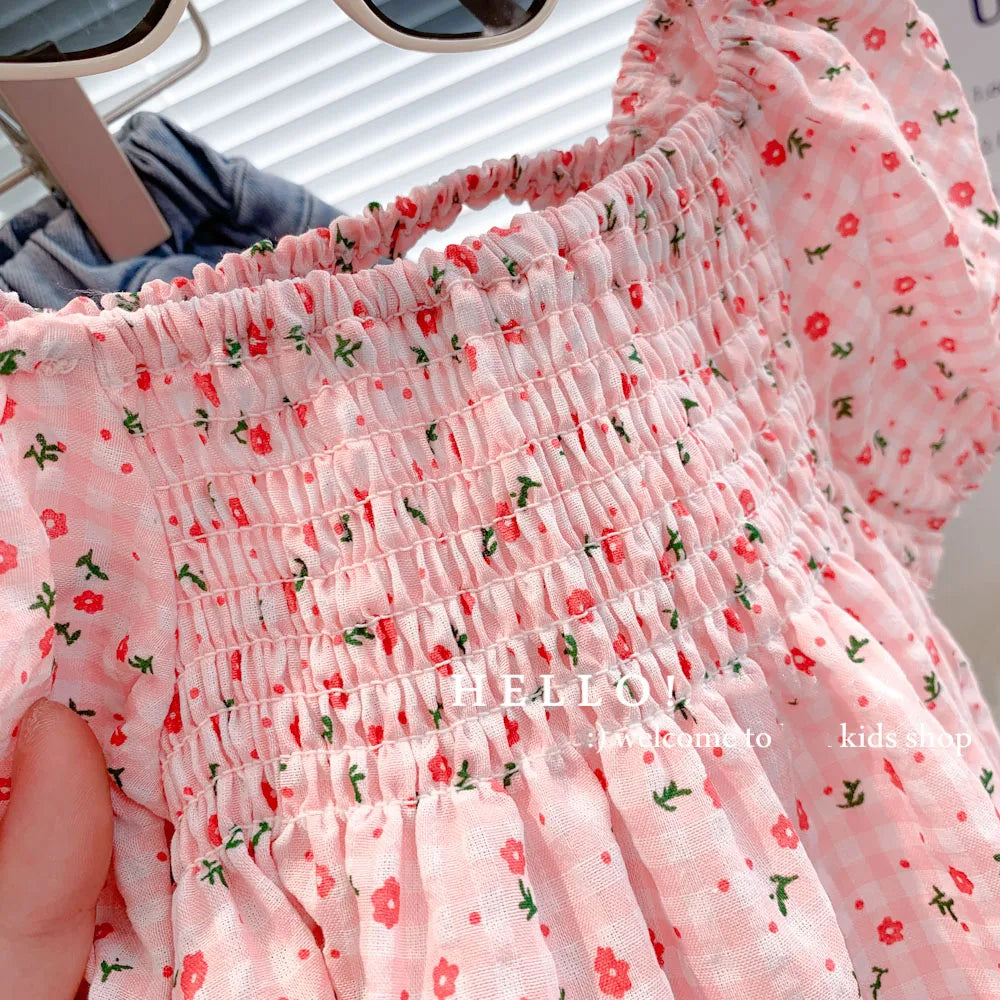 Korean Style Square Collar Little Girls Floral Pleated Tops childrensterritory