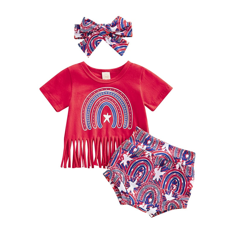 Stars Rainbow Print 3Pcs Baby Girl Independence Day Outfit childrensterritory