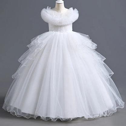 Kids Girls Long Fluffy Mesh Studded Grand Evening Party Dresses childrensterritory